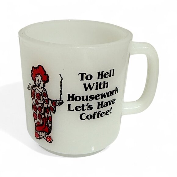 Retro 1970's Glasbake "To Hell with Housework Let's Have Coffe" Mug - Picture 1 of 11